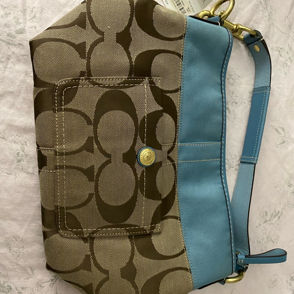 Coach Signature Canvas and Blue Leather Shoulder Bag